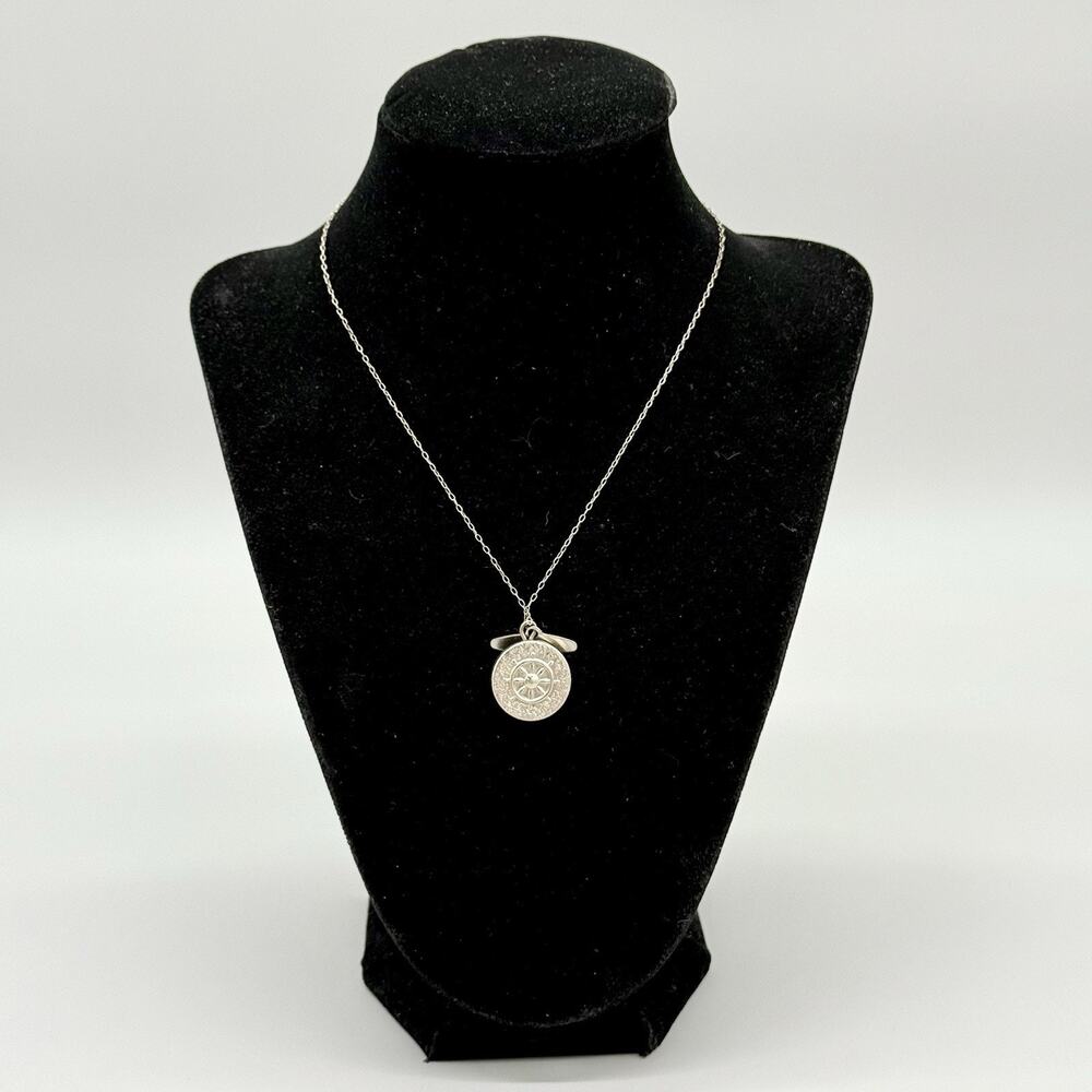 Nautical Ships Wheel Compass Pendant Necklace Silver Tone Round Medallion Chain